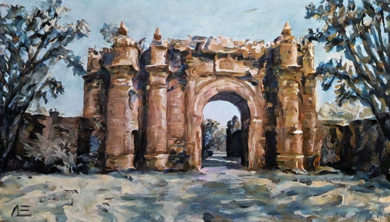 oil on canvas, pop art by Chiho Aoshima and George Segal, Infrared Photography of a behance, landscape of a Ishtar Gate, 1800'S, Smoky Conditions, dynamic, Kodak UltraMax 400, 35mm, <lora:OIL_ON_CANVAS_v3:1>