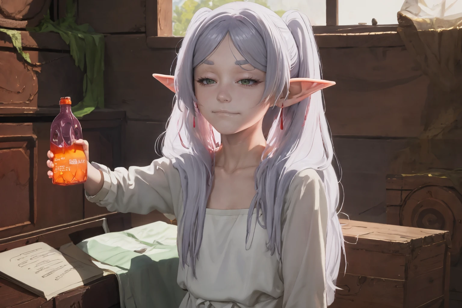 (masterpiece, best quality:1.2), upper body, solo, 1girl, FrierenDress, frierenthrilled, smug, holding bottle, outstretched arm, long hair, white dress, collarbone, brown cardigan <lora:Char_FBJE_Frieren:1> <lora:concept_frierenthrilled-16:1>