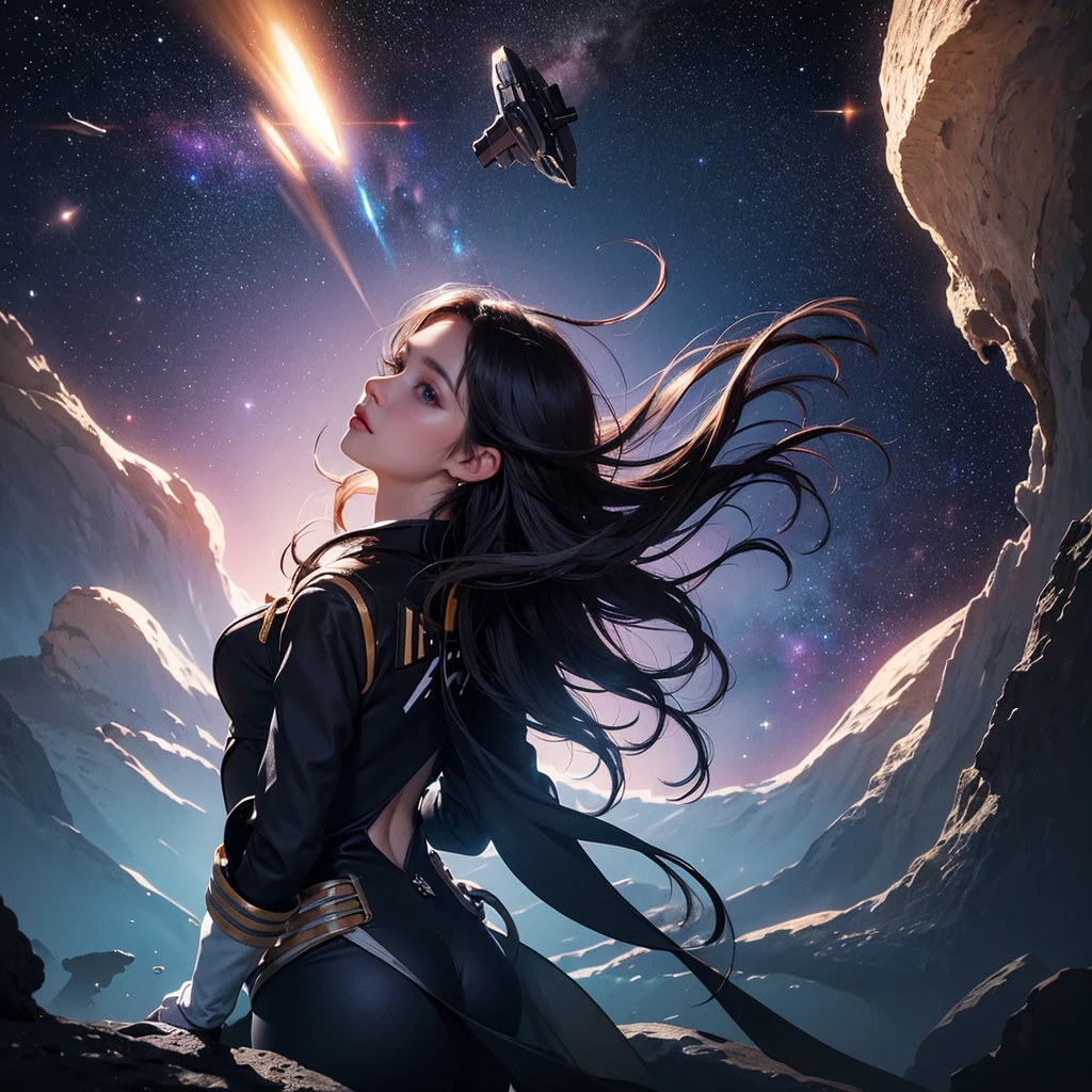 (masterpiece:1.3), (best quality:1.2), 8k, unity 8k wallpaper, (extremely detailed:1.3), highestres, highres, Amazing, illustration, beautiful studio soft light, 1girl, solo, skinny beautiful girl, (Starfleet in the depths of the galaxy:1.3), light particles, reflection, slender ass, pixie haircut, from behind, rear view, perfect eyes, perfect face,