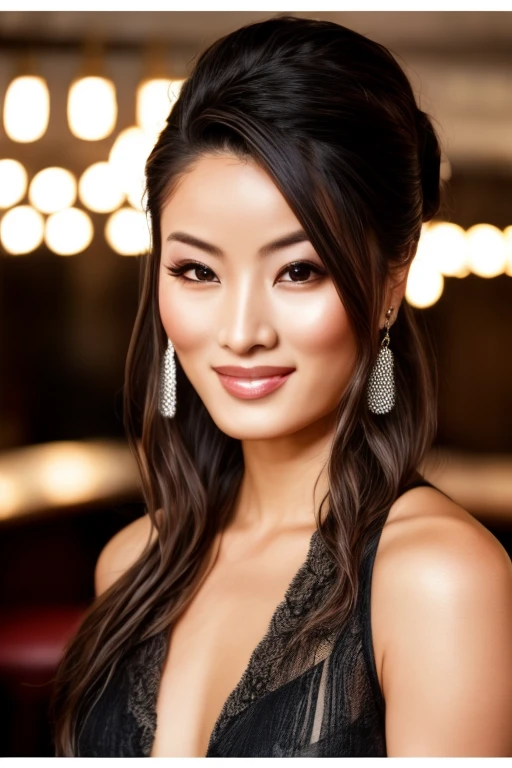 portrait photo of <lora:annasawa1:1> woman smiling posing, fancy hair updo upsweep, nightclub sitting at pub, (masterpiece) (best quality) (detailed) (8k) (HDR) (wallpaper) (cinematic lighting) (sharp focus) (intricate), chest facing viewer
