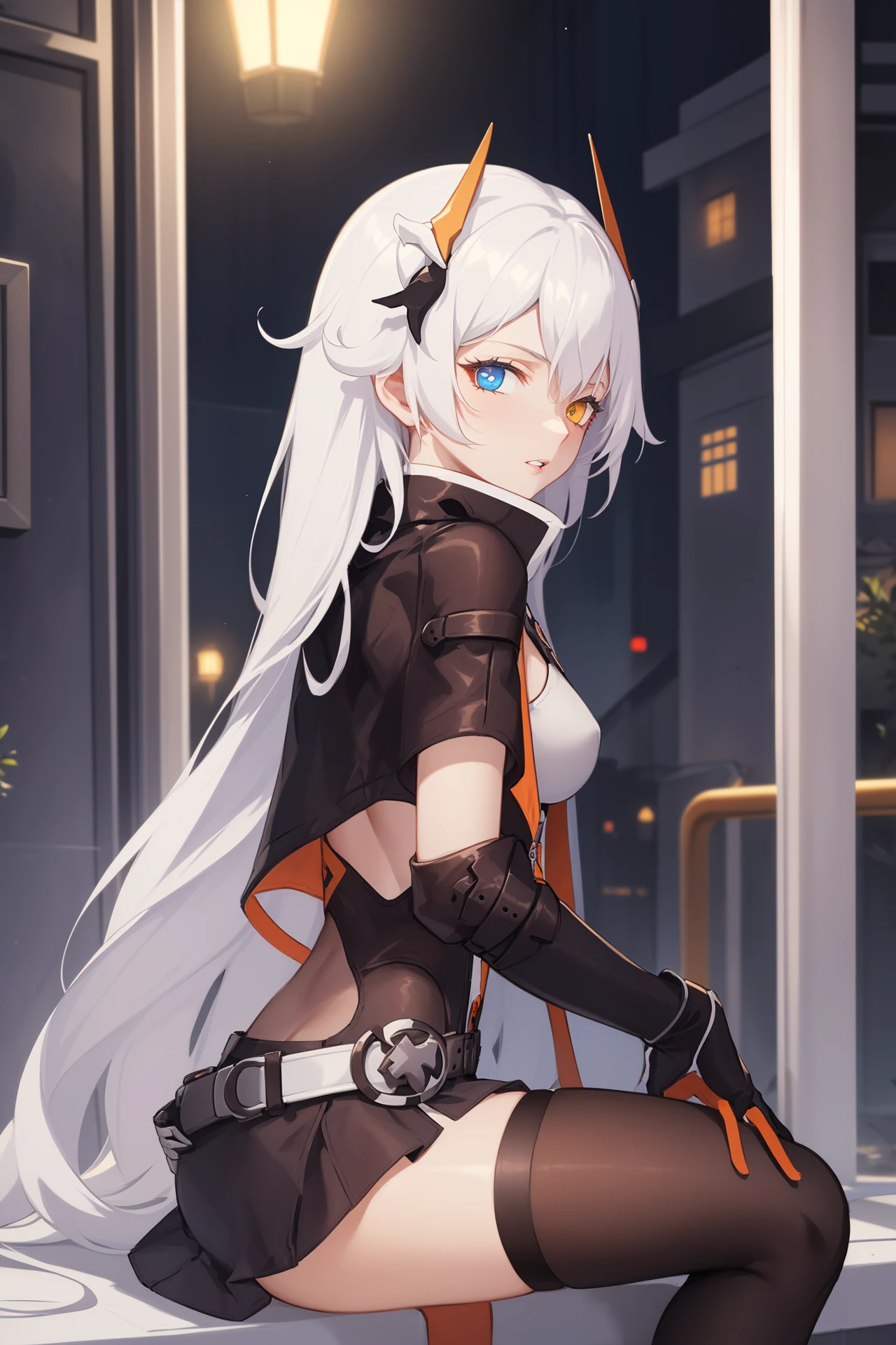 (masterpiece, best quality, high detailed, 8k uhd:1.2), <lora:KianaVD_V2-08:0.8>, kiana vd, 1girl, solo, slender,(medium breasts), (parted lips, heterochromia:1.2), (long hair, white hair, hair ornament), (dress, thighhighs, cropped jacket:1.4), (armor, bare arms, asymmetrical gloves:1.2), (cowboy shot, looking at viewer, sitting on the streets, from side:1.2), night, outdoors