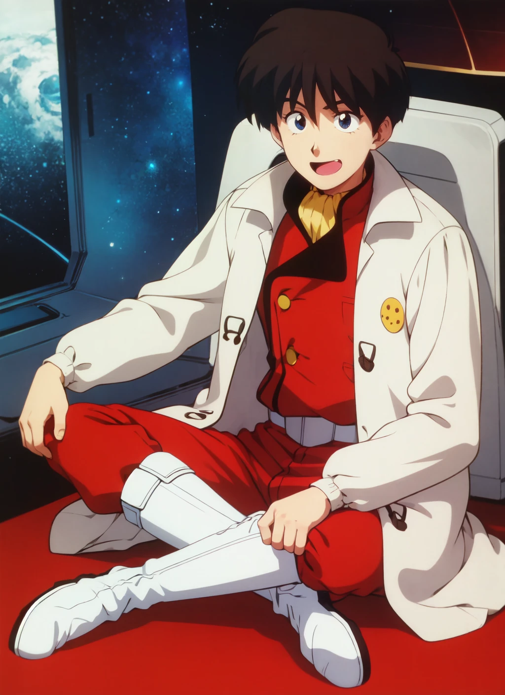 irrtylor, 1boy, male focus, solo, white coat, military uniform, belt, boots, red pants, white footwear, open mouth, buttons, spaceship, space, full body, :d, long sleeves, sitting, indian style, retro artstyle, open white coat <lora:irrtylor_V2-10:0.75>