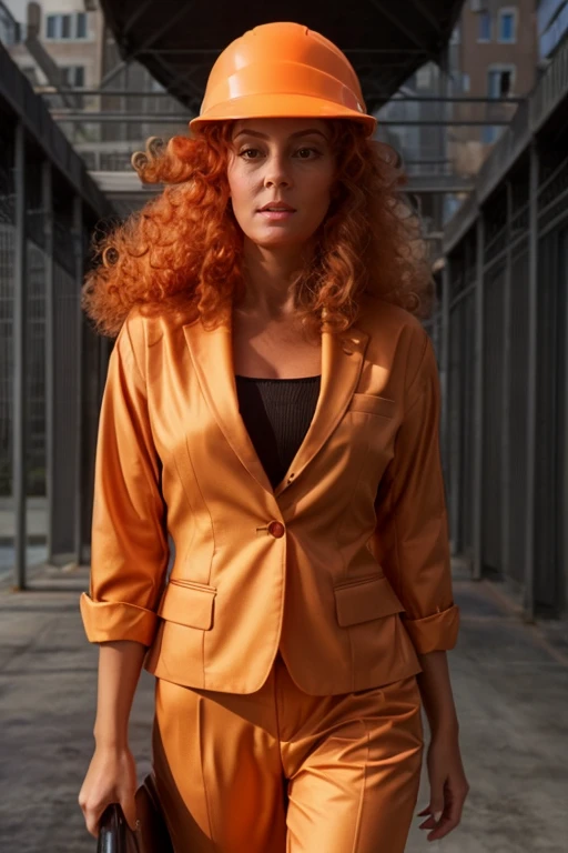 , Construction Orange business suit, restaurant <lora:Susan_Sarandon:1> masterpiece, best quality, detailed face, solo, 1girl, mature s1873s, red hair, witch