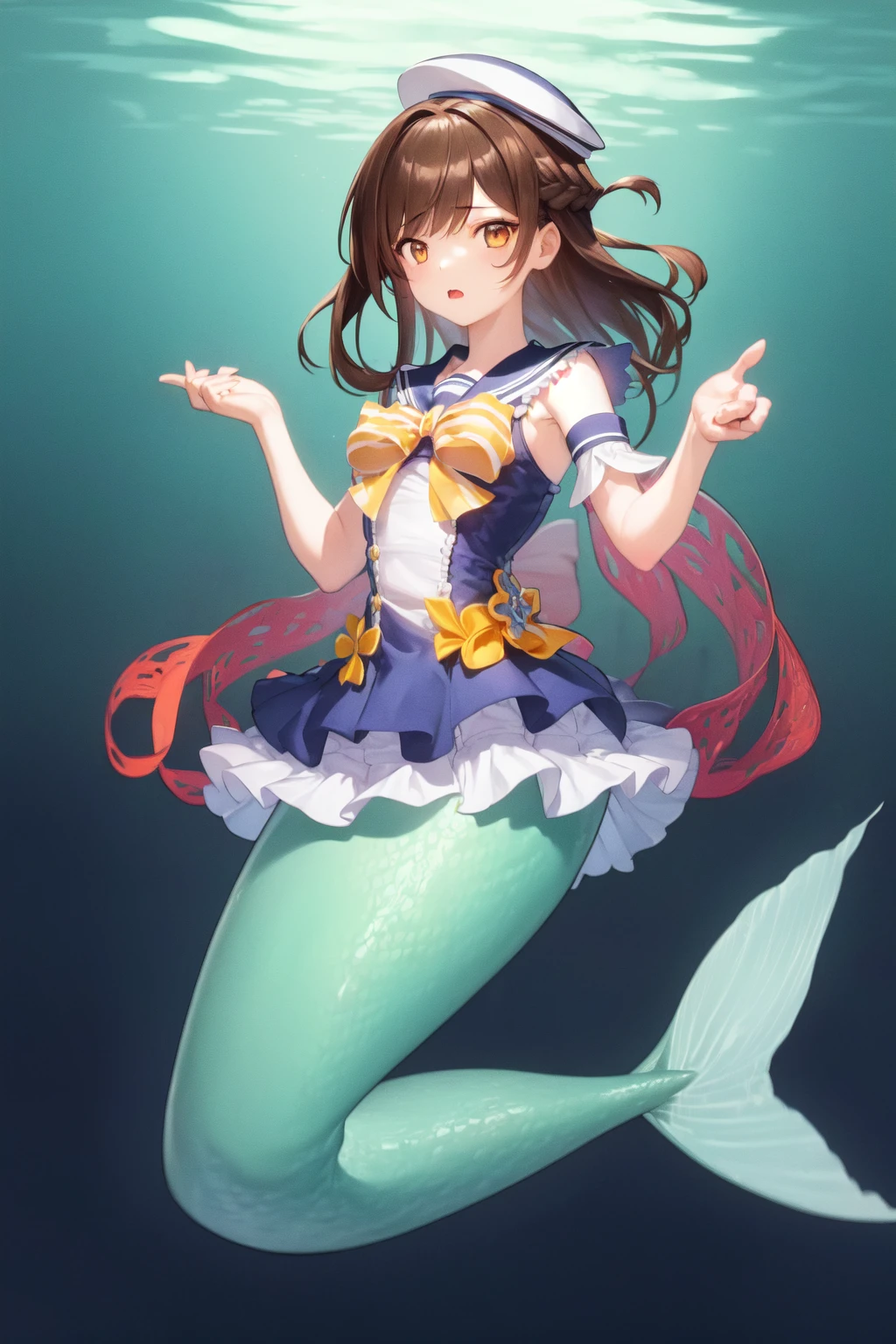 ((Masterpiece, best quality, illustration, high resolution, hyper detail, finely detailed, ultra-detailed),
8k, Wallpaper, grand, an extremely delicate and beautiful, anime, pixiv, colorful, distinct, bishoujo, sharp,
detailed cute anime face, perfect face, perfect eyes:1.2),
perfect five fingers, best ratio four finger and one thumb, intricate details
BREAK
<lora:LoCon_mermaid_bt04_ep008_06328_768_dim064_a064_con032_a016_LR00020_snr5_noise00_del:1>,
mermaid, monster girl, 1girl, solo, full body, underwater,
<lora:mizuhara_chizuru-10:1>,Mizuhara_chizuru,brown_eyes,long_brown_hair,one_side_up,braid,
<lora:barbaraswimV1:0.8>,sailor_hat,sailor_collar,frills,(frilled_skirt),
one-piece_swimsuit,detached_sleeves