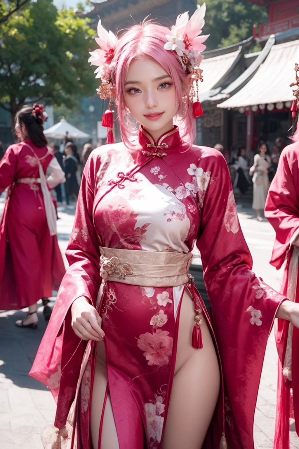 <lora:girl_6:0.8>,super high resolution,best quality,(solo:1.2),4k,pink eyes,1girl,pink hair,hair flower,pointy_ears,long hair,hair_ornament,chinese clothes,smile,look at the audience,thigh,standing,outdoor,