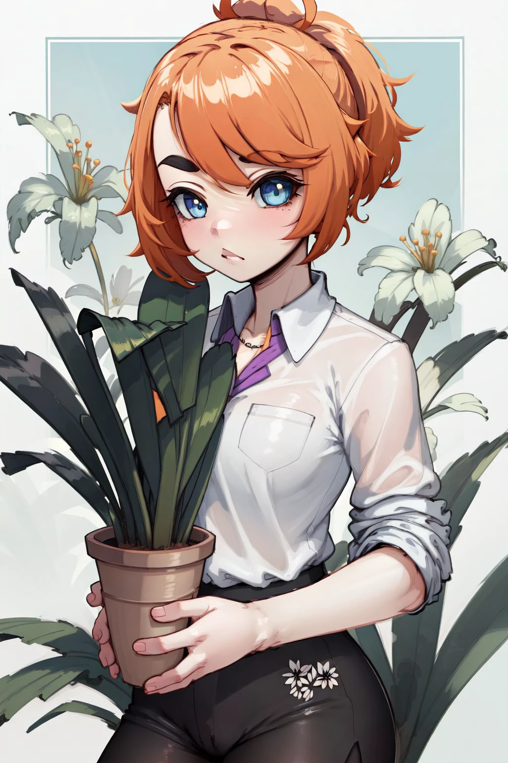 cowboy shot, solo, 1girl, furled brow, orange hair, topknot, light blue eyes, purple collared shirt, Sansevieria \(flower\), floral background <lora:K-Rha_style_v01.10.01:1>