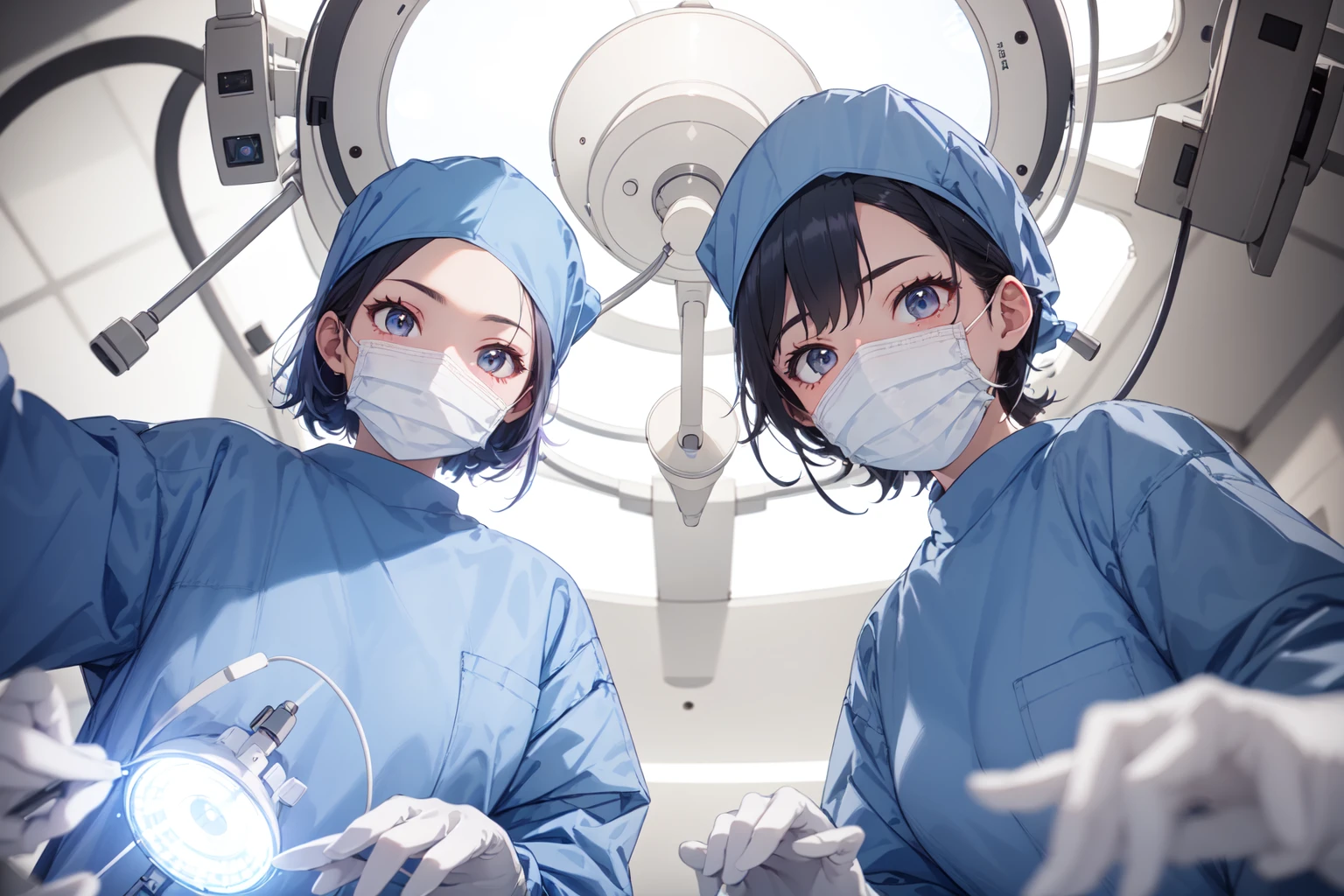 (RAW photo, best quality), 1girl, long sleeve surgical outfit, surgical mask, surgical gloves, surgical cap, operating room, overhead surgical light, multiple girls,
<lora:concept_surgery_pov_v3_1:1> surgery_pov, view from below, pov,