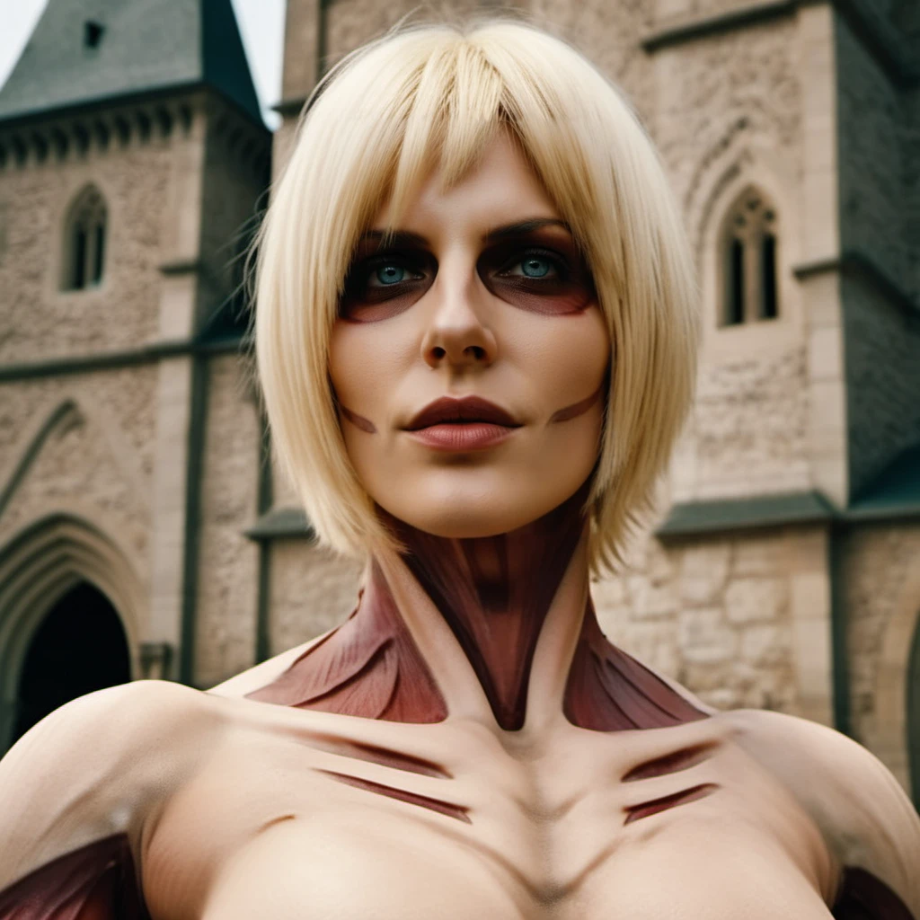 AnnieTitan1024, a blond giant woman without skin, closeup face portrait, muscles visibles, square haircut, in a medieval city, highly detailed, photography, ultra sharp, film, professional, 64k  <lora:AnnieTitan1024-000360:0.7>