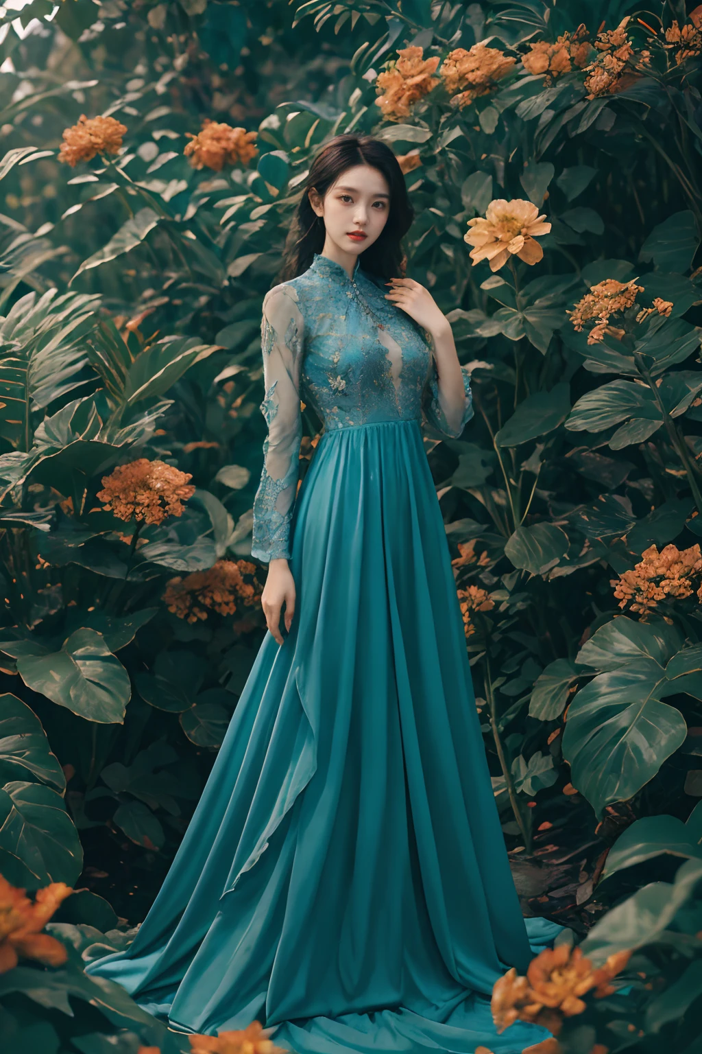 (realistic:1.3), finely detailed, quality, rembrandt lighting, (masterpiece:1.2), (photorealistic:1.2), (best quality), (detailed skin:1.3), (intricate details), dramatic, ray tracing, 1girl, japanese girl, 21 years old, detailed skin texture, (blush:0.5), (goosebumps:0.5), subsurface scattering, smiling, medium breasts, short hair curls, bangs, hair between eyes, (flower dress:1.1), puffy sleeves, long sleeves, see-through, full body, (bright sunny day, outdoors, garden, flowers, bushes, nature, sky), <lora:flower_dress-1.0:0.8>