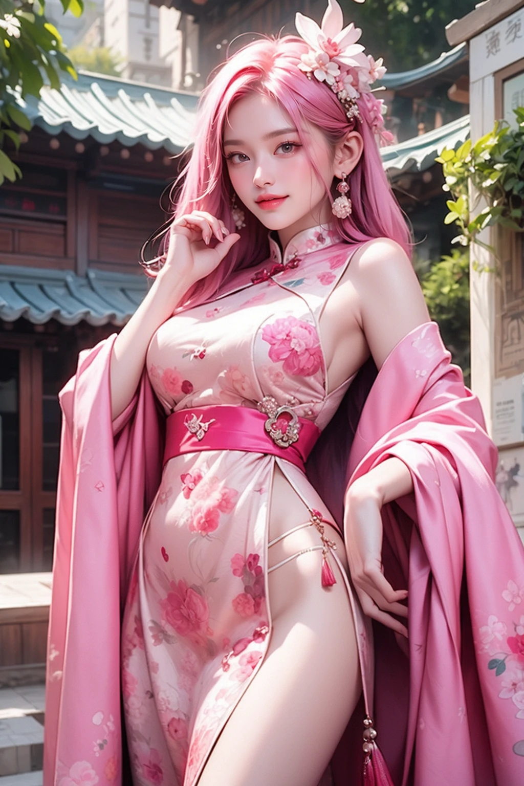 <lora:girl_6:0.8>,super high resolution,best quality,(solo:1.2),4k,1girl,pink hair,hair flower,pointy_ears,long hair,hair_ornament,chinese clothes,smile,look at the audience,thigh,standing,outdoor,