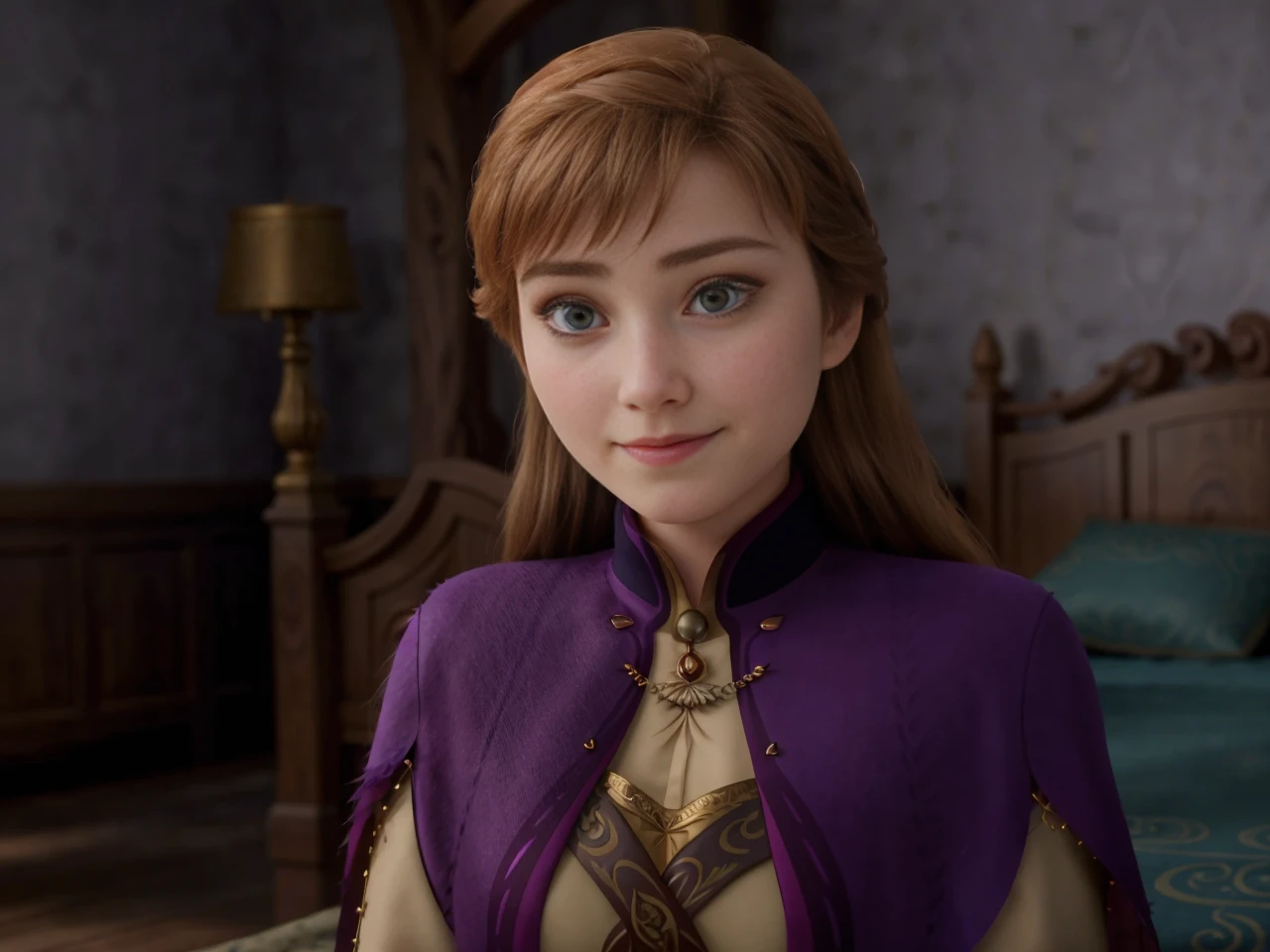 cinematic film still Frozen a Exalted 19 year old girl,anna-frzn, in castle bedroom, amused, coat , <lora:anna-frzn-v1.1:0.8> . Animated, fairytale, ice magic, highly detailed . shallow depth of field, vignette, highly detailed, high budget Hollywood movie, bokeh, cinemascope, moody, epic, gorgeous, film grain, grainy