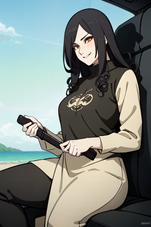 (masterpiece:1.4),high quality,high definition,sharp focus,detailed clothes,detailed body,detailed face,anime,best quality,4k,8k,absurd resolution,intricate detail,detailed hands,detailed eyes,animation,illustration,highly detailed,highres,extremely detailed,ETO_OCC,black hair,(curly hair:1.5),long hair,thick eyebrows,(plump),(curvy),(thick),(hazel eyes:1.3),(parted bangs:1.4),smiling,smug,ETO-OC,seductive smile,pureerosface_v1,prettify,OverallDetail,Illust-InstaFilter,hotify,edgQuality,Earth-QualityPos,BodyPositive,Best_QualityPos,1girl,breasts,skindentation,ah1,sitting,holding weapon,assault rifle,<lora:orochimaruV1:0.5>,