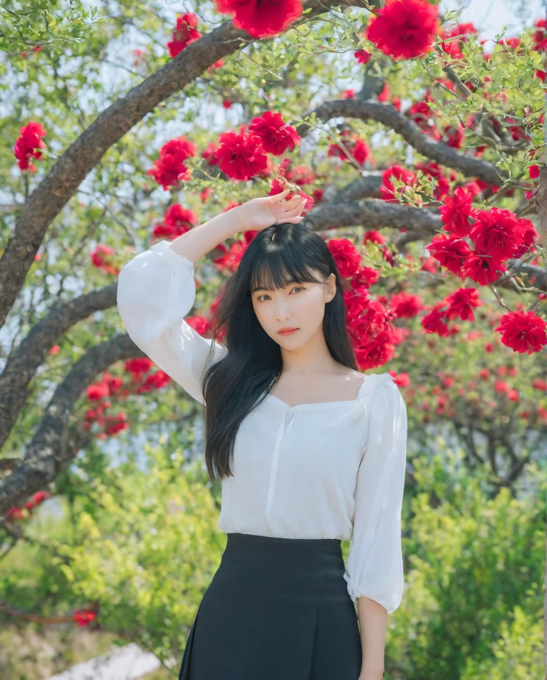 (best quality:1.4), (ultra highres:1.2), (photorealistic:1.4), (8k, RAW photo:1.2),(portrait shot:1.3), _jbright__, 1girl, solo,long hair,bangs,skirt,black hair,shirt,white dress,outdoors,day,realistic,photo background,red flower, tree, Perfect Hands, <lora:_jbright__-000025:0.6>, <lora:neg4all_bdsqlsz_xl_V7:0.8>, <lora:Perfect Hands:0.8>