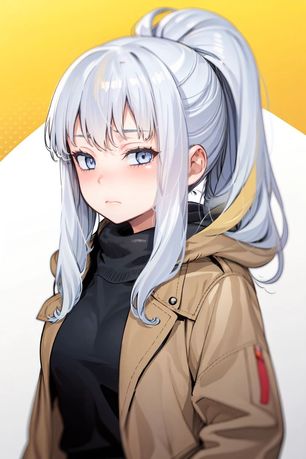 upper body, solo, 1girl, pensive, golden hair, high ponytail, light blue eyes, brown winter coat, halftone background <lora:Mameojitan_style_v03:1>