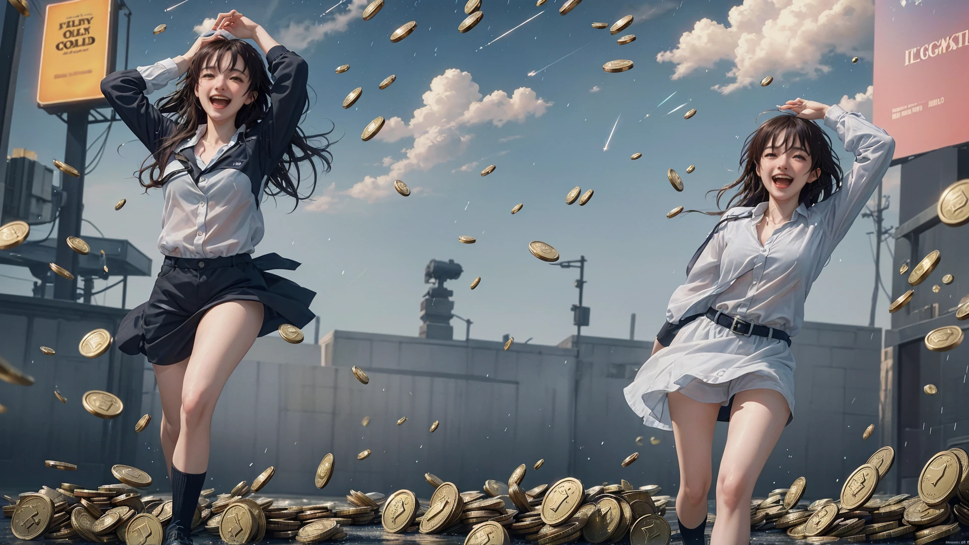 <lora:that is me:0.5>, 1girl,solo, (running Lady Knight, raining gold coins from the sky, gold coins crashing down on the head of the female knight, the female knight holding her head in delight, grand epic scene):1.6, beautiful face,long hair,cinemagraph, close-up, Wide Angle, movieer, movie theacrazy laugh, crazyï¼
from below,masterpiece,best quality,official art,extremely detailed CG unity 8k wallpaper, sharpening, <lora:run:0.5>run,running,sky,coins,