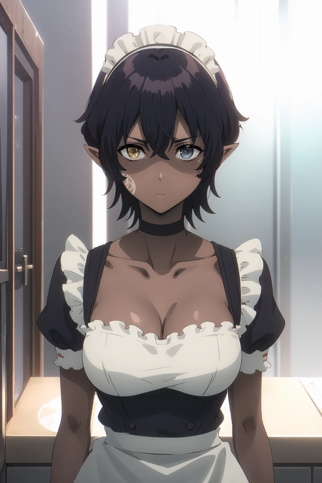 <lora:Omega_KNJ:0.9>, Omegadef, short hair, purple hair, heterochromia, blue eyes, yellow eyes, pointy ears, facial mark, solo, dark-skinned female,
maid, black choker, collarbone, puffy short sleeves, maid headdress, short sleeves, choker, apron, puffy sleeves, dress, cleavage,
portrait, upper body,