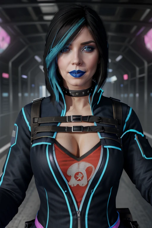 RAW photo of gracedecker, exercise jacket, studded choker, backpack straps, skull symbol,  two toned hair cover eye, cyberpunk city, futuristic, portrait
, highly detailed, realistic <lora:SaintsRowGraceDeckerV0-5c:0.7>