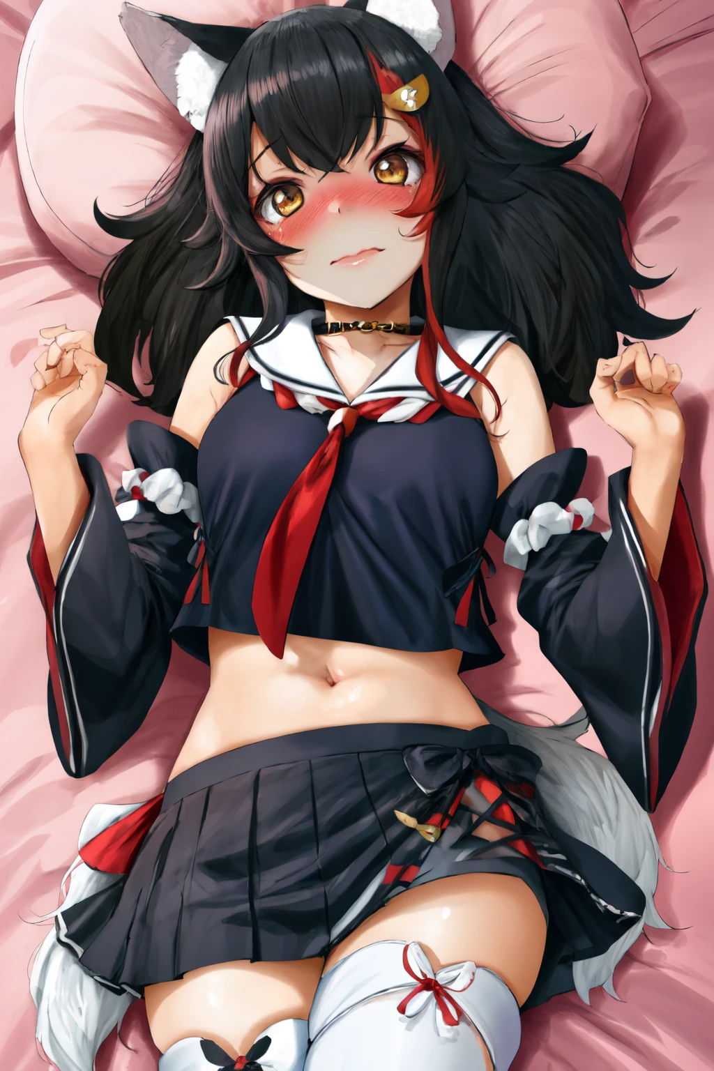 masterpiece, best quality, 1girl, blush, lying, bed, drool, <lora:mio:1> miodefault, long hair, hair ornament, sailor collar, black shirt, black skirt, detached sleeves, midriff, kouhaku nawa, (white thighhighs:1.2), wolf tail, <lora:spfuhimikoStyle-22:1>