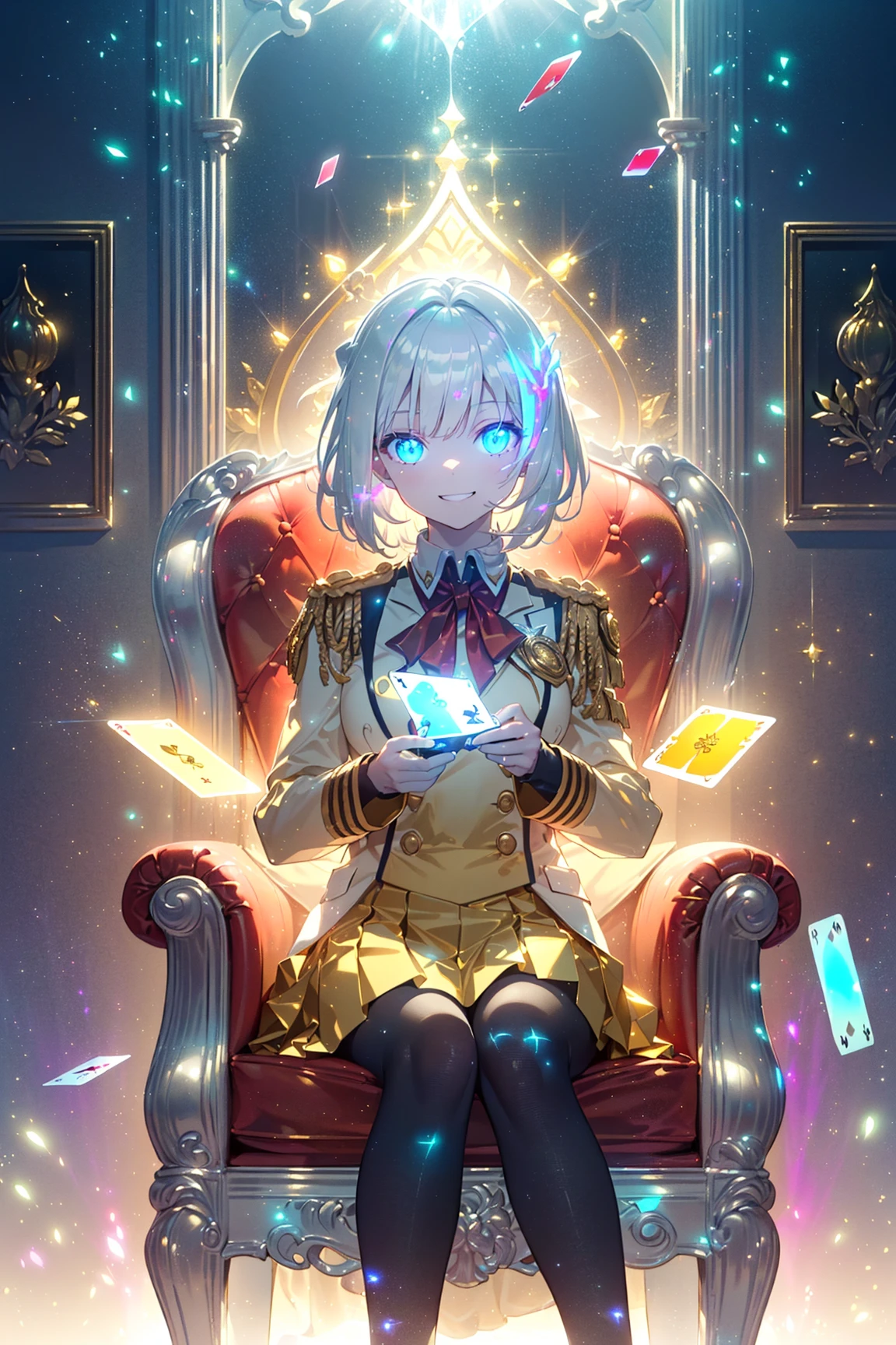 glow hair, silver hair, scenery, luxury, (illustration:1.2), (intricate details:1.2), (masterpiece:1.1), best quality , (((luminescent lighting, red light: 1.5, lighting:1.5, gold color aberration:1.3))) , detailed face and eyes, 1 girl, glow in the eyes, glowing white hair:1.5, large breasts, good anatomy, (luminescent cards:1.5, ornaments on cards:1.2), ((shinny red golden cards:1.3)), (holding cards:1.3), casino, (crowded casino), gold glow in the casino: 1.5, (glowing casino: 1.4. (florescent environment: 1.4), florescent golden cards, florescent environment, school uniform, ((fancy white golden uniform:1.3)), golden red miniskirt, happy grin, sit on luxurious armchair, (((glowing silver hair:1.3))), ((glowing details, glowing cards, glowing tights:1.1)), (((luminescence: 1.5))), (((glowing particles: 1.5, golden light particles:1.5,)))