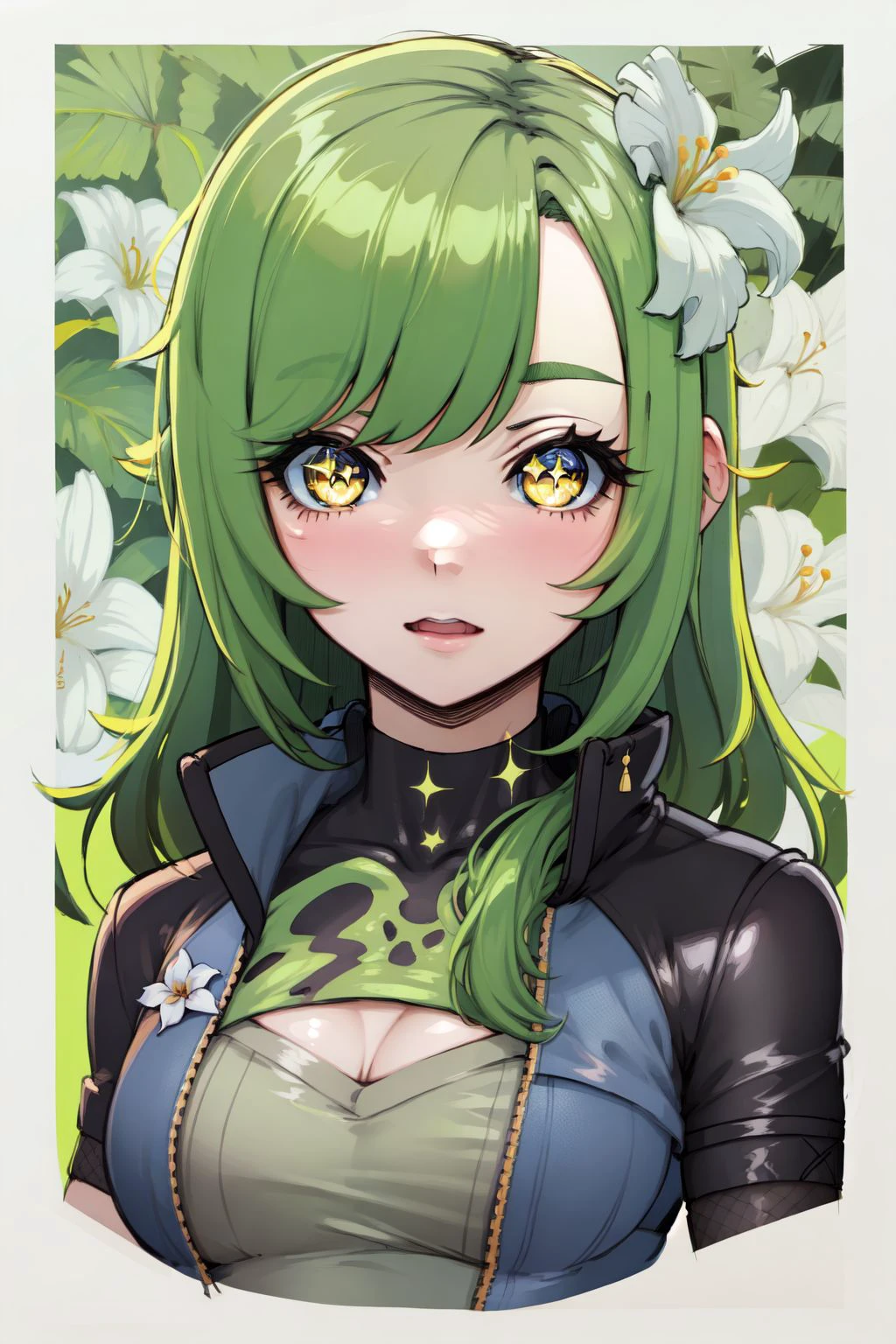 portrait, solo, 1girl, pupils sparkling, green hair, diagonal bangs, yellow eyes, blue jacket, Gladiolus \(flower\), floral background <lora:K-Rha_style_v01.10.01:1>