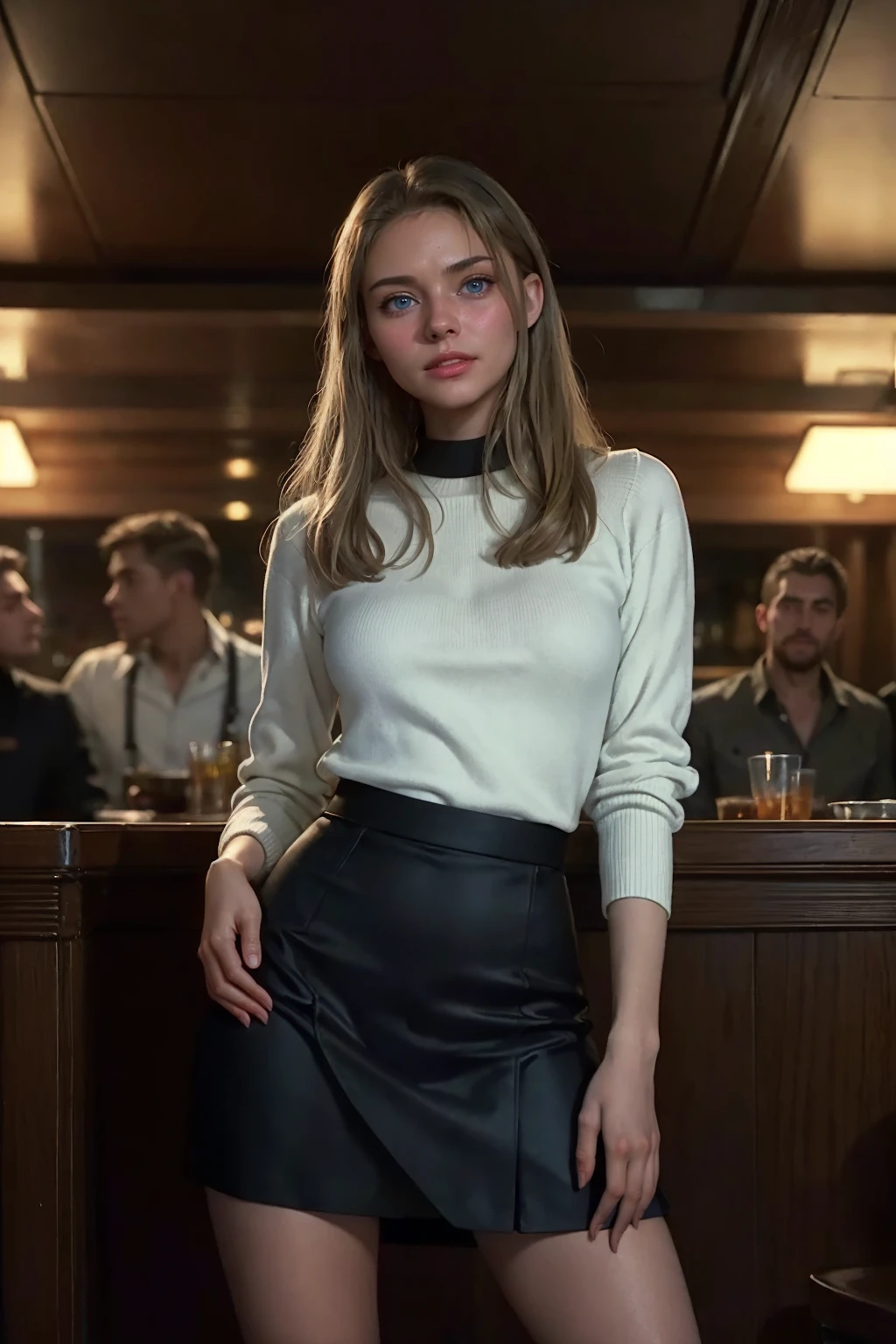 photo of skinny Russian woman, irink4 with blonde hair, (full body framing:1.2), wearing boat neck sweater with an A-line skirt, (flirting with two men in a bar:1.2)
<lora:irink4-s10-n16-a4-step00001600:0.7>, detailed skin texture, (blush:0.5), (goosebumps:0.5), subsurface scattering, perfect iris, perfect pupils, perfect hands, (masterpiece, photorealistic:1.2), high quality, intricate details, highly detailed background, 8k, (vivid colors, wide angle, cinematic establishing shot, volumetric lighting, subsurface scattering, special effects, color grading, layered depth, parallax effect, soft focus foreground), (in style of Tim Walker:1.2)