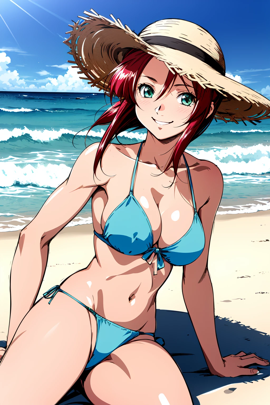 (RAW photo, best quality), 1girl, solo, light smile,
natural light, outdoor,
<lora:innai_kansen_iimura_manami_v2_2-000002:1>, iimura manami, beach, ocean wave, bikini, straw hat,