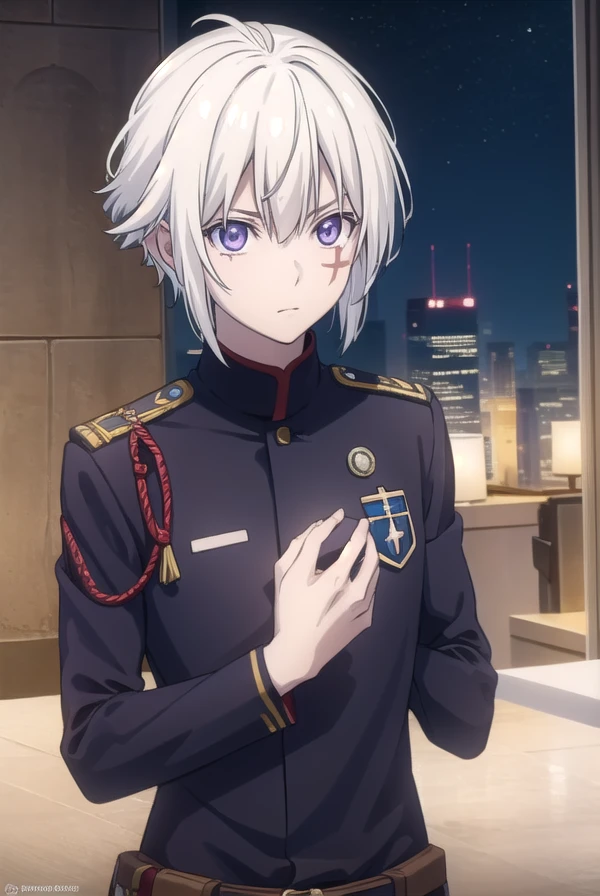 allenwalker, <lora:allen walker hallow s1-lora-nochekaiser:1>,
allen walker, (purple eyes:1.1), white hair, male focus, scar, facial mark,
BREAK uniform, military, military uniform,
BREAK outdoors, city, starry sky, night, moon,
BREAK looking at viewer, (cowboy shot:1.5),
BREAK <lyco:GoodHands-beta2:1>, (masterpiece:1.2), best quality, high resolution, unity 8k wallpaper, (illustration:0.8), (beautiful detailed eyes:1.6), extremely detailed face, perfect lighting, extremely detailed CG, (perfect hands, perfect anatomy),