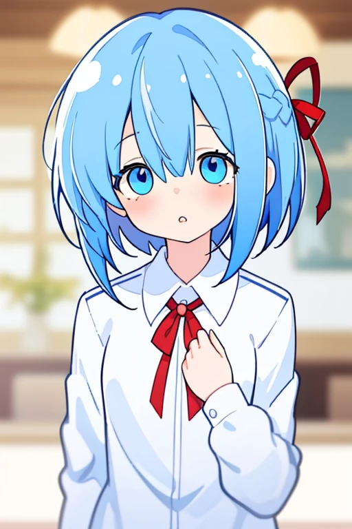 blue eyes,solo,1girl,blue hair,looking at viewer,blurry background,shirt,bangs,blurry,upper body,short hair,parted lips,blush,hand on own chest,long sleeves,jacket,hair between eyes,white jacket,collared shirt,white shirt,red ribbon,<lora:xiaoyezi-000008:0.8>,