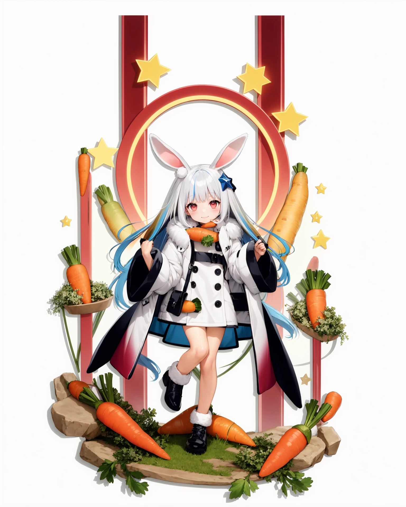 [(white background:1.5), ::2]1girl, solo, (isometric:0.75), 
1girl, animal ears, solo, carrot, rabbit ears, white hair, red eyes, long hair, smile, heart, fur trim, white coat, multicolored hair, looking at viewer, bangs, white dress, long sleeves, star (symbol), dress, closed mouth, blush, hair ornament, coat, black background, blue hair, rabbit girl, carrot hair ornament, very long hair, food-themed hair ornament, gradient hair, fur-trimmed coat, chibi