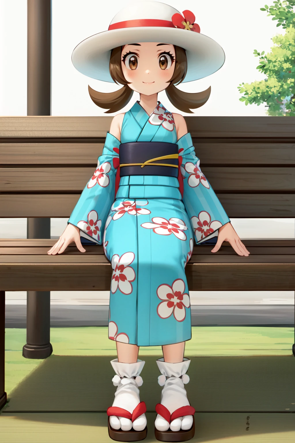 solo,  lyra,  blue kimono,  detatched sleeves,  bare shoulders,  flower print,  print kimono,  japanese clothes,  sandals,  socks,  full body,  standing,  japanese town,  white headwear,  sunhat,  sitting on bench,<lora:EMS-255339-EMS:0.800000>