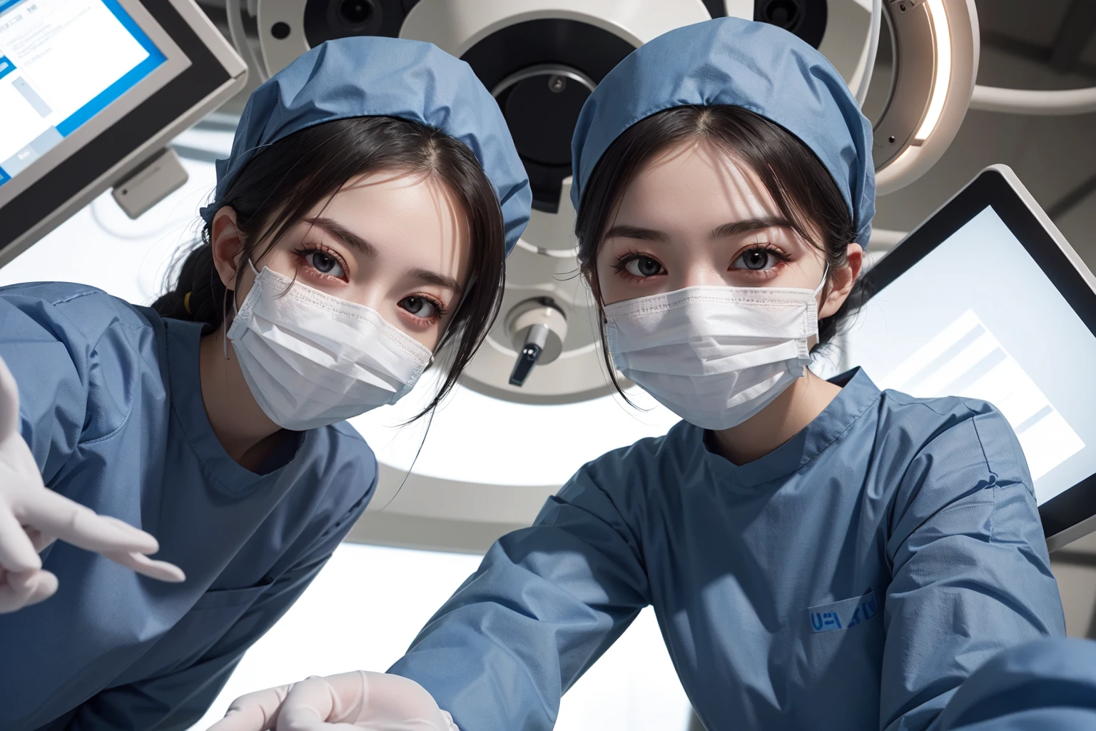 (RAW photo, best quality), 1girl, long sleeve surgical outfit, surgical mask, surgical gloves, surgical cap, operating room, overhead surgical light, looking downward, multiple girls,
<lora:concept_surgery_pov_v3_1:1> surgery_pov, view from below, pov,