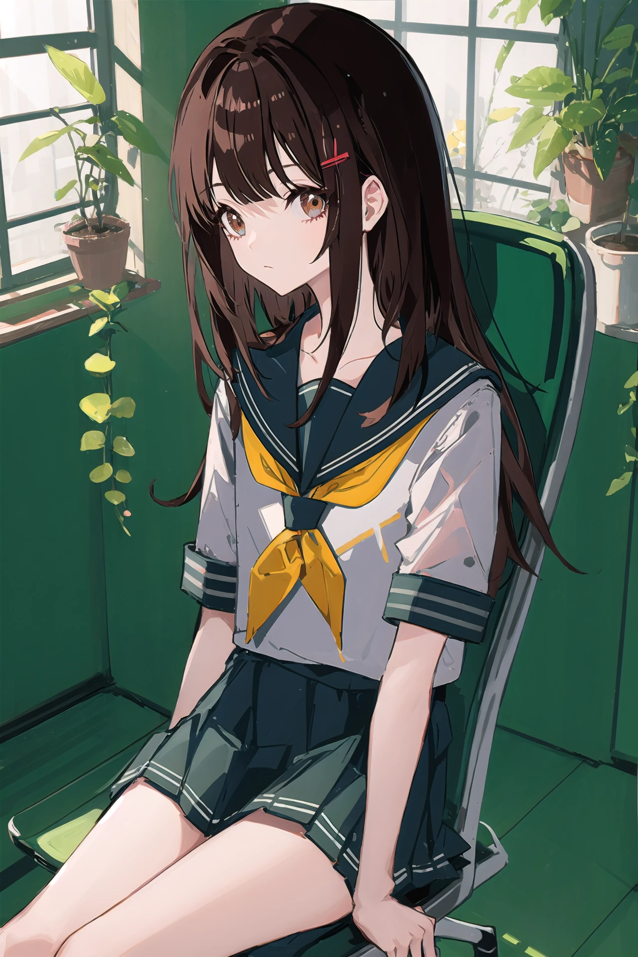 1girl, solo, long hair, black hair, looking at viewer, bangs, closed mouth, upper body, jacket ,solo, sitting, chair, brown hair, short hair, shirt, looking away, overgrown, plant, school uniform, white shirt, green theme, indoors, hugging own legs, sunlight, shoes, short sleeves, window, scenery, skirt, vines, brown footwear, white sailor collar, serafuku, sailor collar 
///////////    <lora:menou-000208:1>