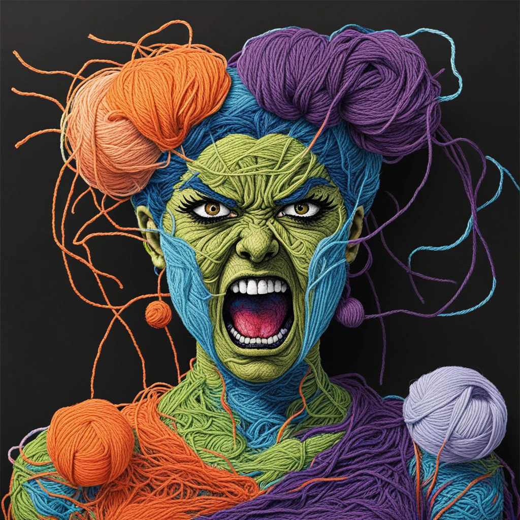 An angry woman screaming JojosoStyle Yarn art style <lora:SDXL_Yarn_Art_Style:1.0> <lora:SDXL-JojosoStyle-Lora-v2-r16:0.3>