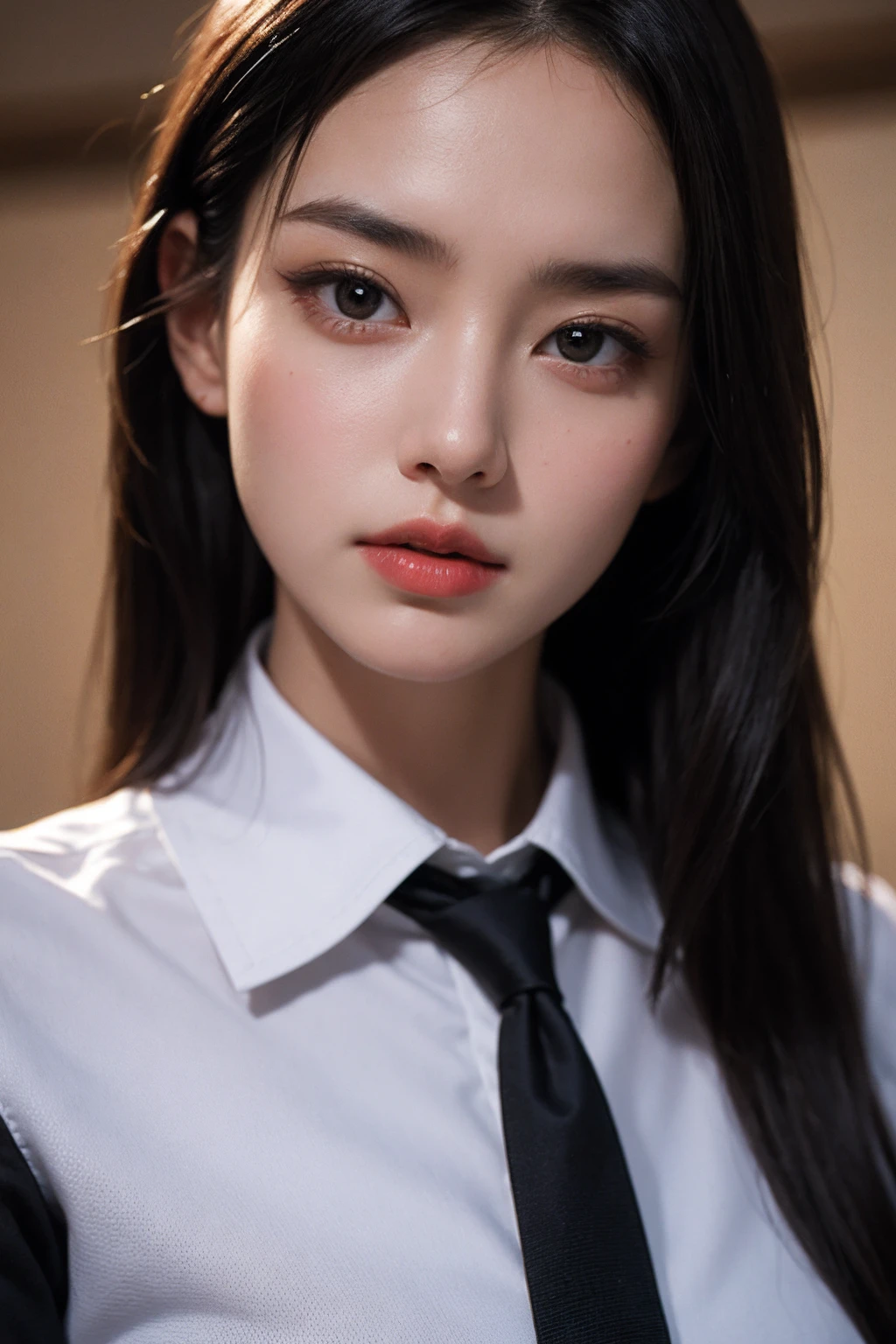 <lora:Again_Girl_A8_R2:1.5>,Again Girl A8 R2,1girl,close up,black long hair,solo,looking at viewer,black eyes,closed mouth,breasts,(collared shirt:1.4)