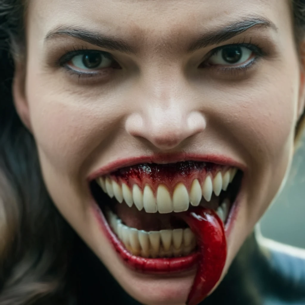 ultra-realistic, highly detailed, full height view, a stunningly attractive, vampire woman with bloodied fangs showing, pale complexion, horrifying,  frightening feeding off a male victim