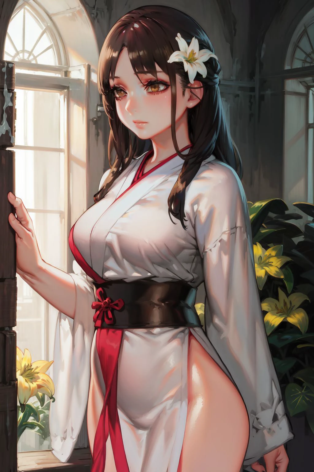 (intricate details), (solo:1.1), mature female, looking to the side, standing, baby bangs, medium breasts, (light brown furisode:1.1), (in front of window, large window, Lily \(flower\), blooming flowers), sunbeam, soft lighting, bloom effect, perfect body <lora:AOIN_style_v02:1>