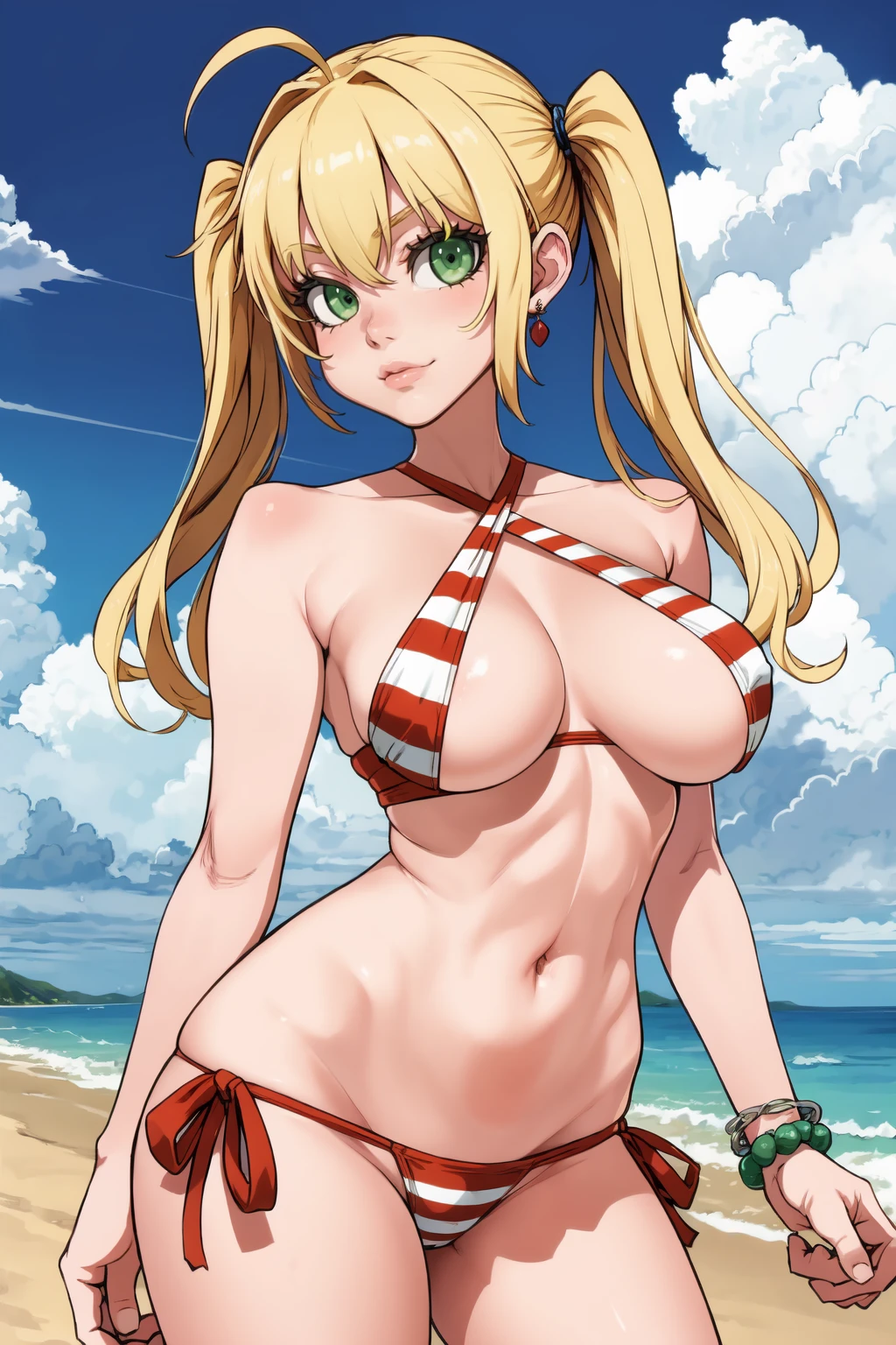 1girl, masterpiece, best quality, medium full shot, blonde ponytail, ((bikini, sexy body, blushing)), smiling, erotic pose, busty, beach