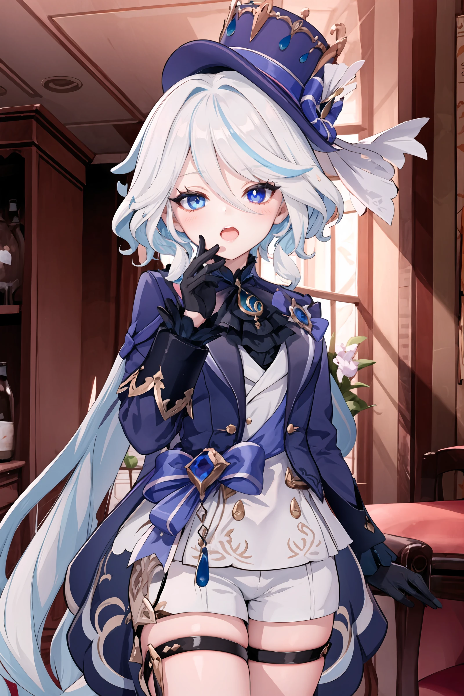 1girl, furina \(genshin impact\), heterochromia, mismatched gloves, top hat, blue jacket, ascot, waist bow, short shorts, thigh strap, waist cape, looking at viewer, smug, open mouth, naughty face, ojou-sama pose, cowboy shot, theater, indoors, <lora:Smug:1>, masterpiece