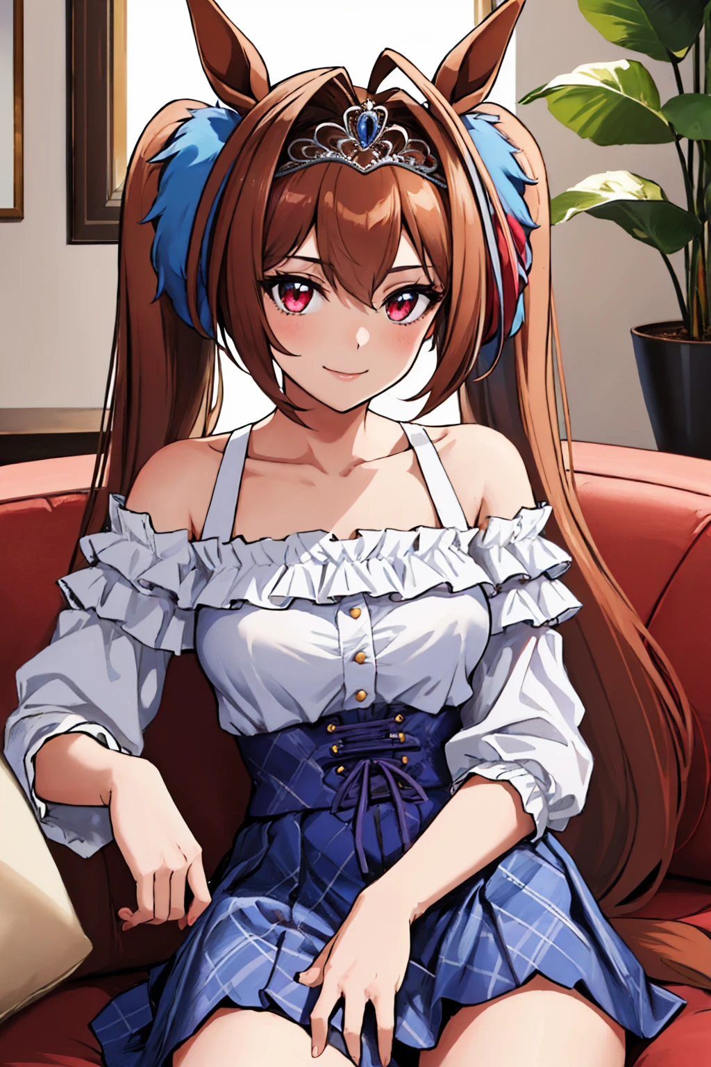 (masterpiece, best quality:1.2), solo, 1girl, daiwacasual, smile, looking at viewer, sitting, couch, twintails, tiara, horse ears, frills, white shirt, off-shoulder shirt, blue skirt, plaid, horse tail, indoors, living room <lora:umamusume_daiwascarlet:1>