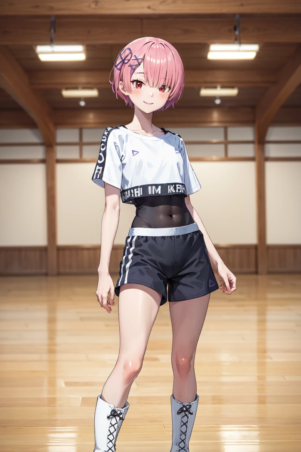 masterpiece,best quality,highres,ultra-detailed,aaram,short hair,hair over one eye,bangs,hair ribbon,purple ribbon,x hair ornament,small breasts,<lora:ram_(re_zero):0.9>,sportswear,(shirt:1.2),(skin tight:1.4),short sleeves,(shorts:1.2),short shorts,(boots:1.2),<lora:hololive_dance_practice_uniform:1>,indoors,standing,smile,cowboy shot,