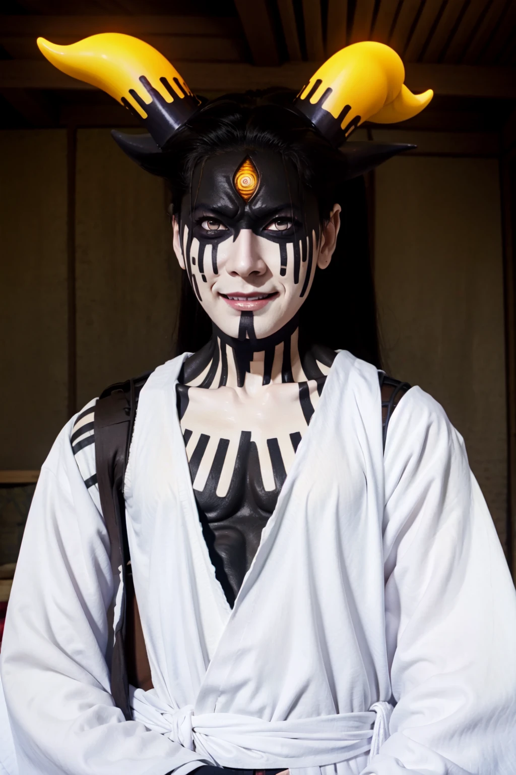 Momoshiki, 1boy, man, two-tone skin, long hair, white hair, yellow eyes, third eye, horns, masterpiece, best quality, <lora:Momoshiki_Otsutsuki:1>, white robe, hands on hips, smirk