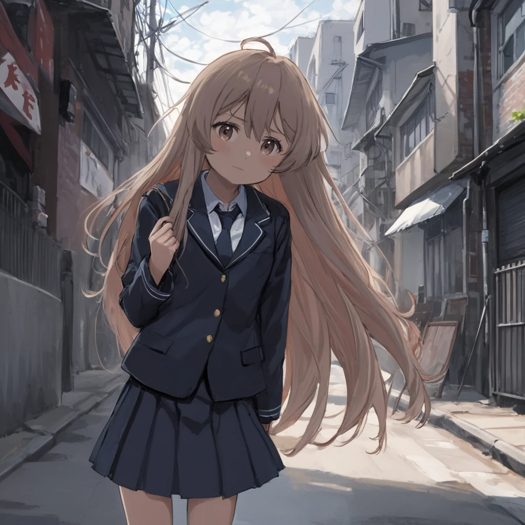 digital art, (masterpiece), (best quality), A detailed and cinematic wallpaper, a girl Oyama Mahiro wearing dark school uniform on street, long hair <lora:mahiro_xl-000010:1>