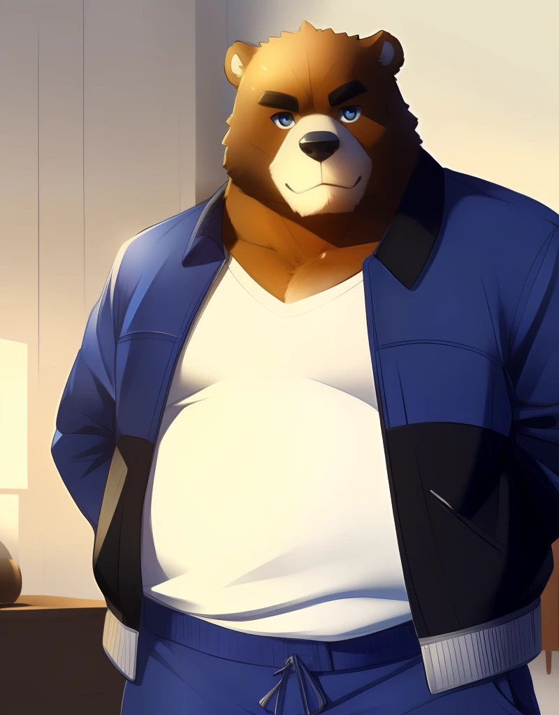 (((detailed eyes, detailed face))), (bara, juuichi <lora:character_juuichi_findigo_v3:1>, bear, short hair, black eyes), male, (solo), (plump, fat, chubby, overweight), (blue jacket, white shirt, blue pants), standing, (arms behind back), smile BREAK (konzaburou, ukan_muri, cute), bedroom, (flat shading, [flat color], high brightness <lora:add_brightness:1>), 8k, UHD, masterpiece, (full body)