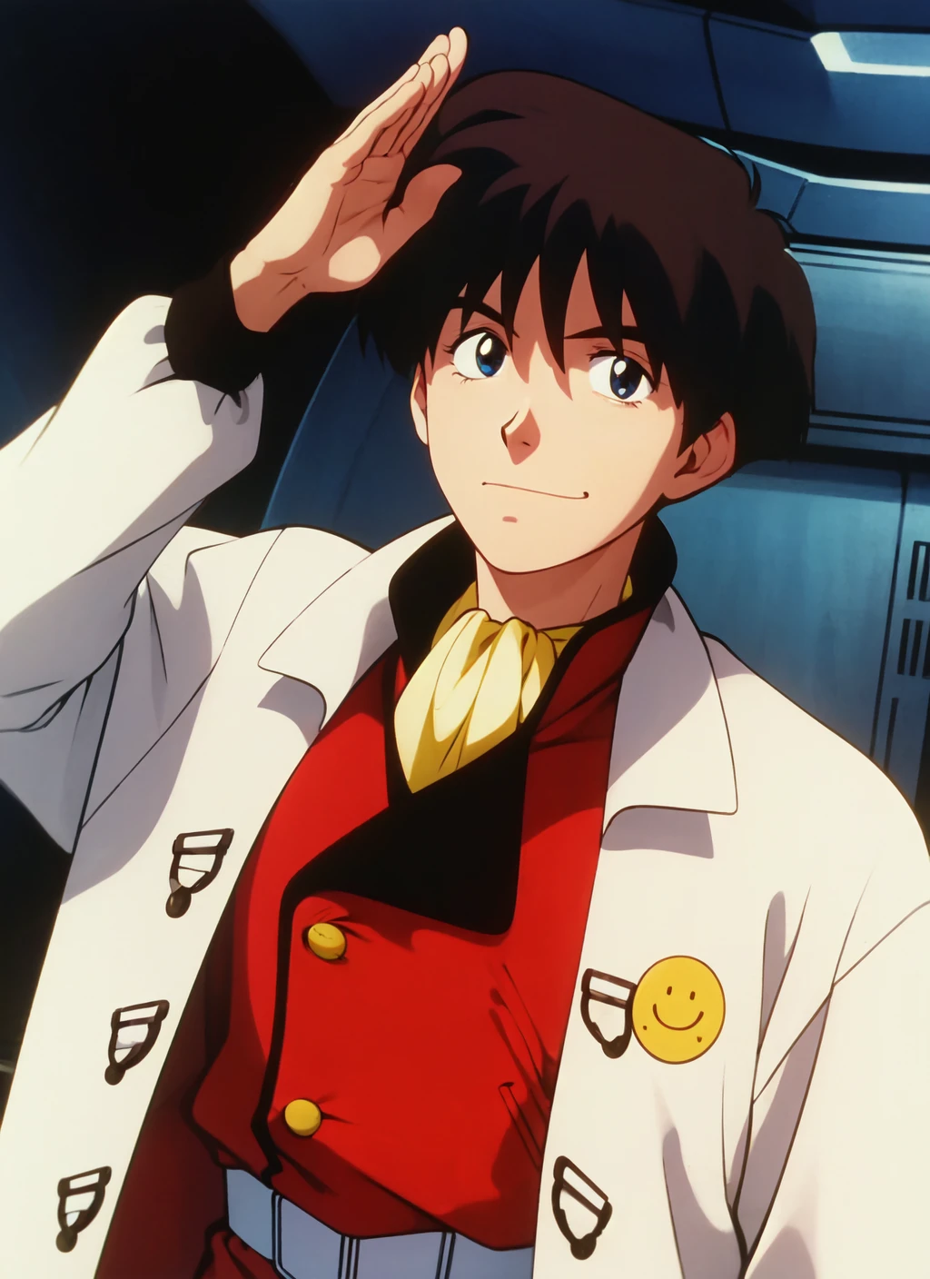 irrtylor, 1boy, male focus, solo, white coat, badge, military uniform, ascot, salute, upper body, looking at viewer, closed mouth, long sleeves, retro artstyle, 1990s (style), smile, closed mouth, spaceship, indoors, red pants <lora:irrtylor_V2-10:0.7>
