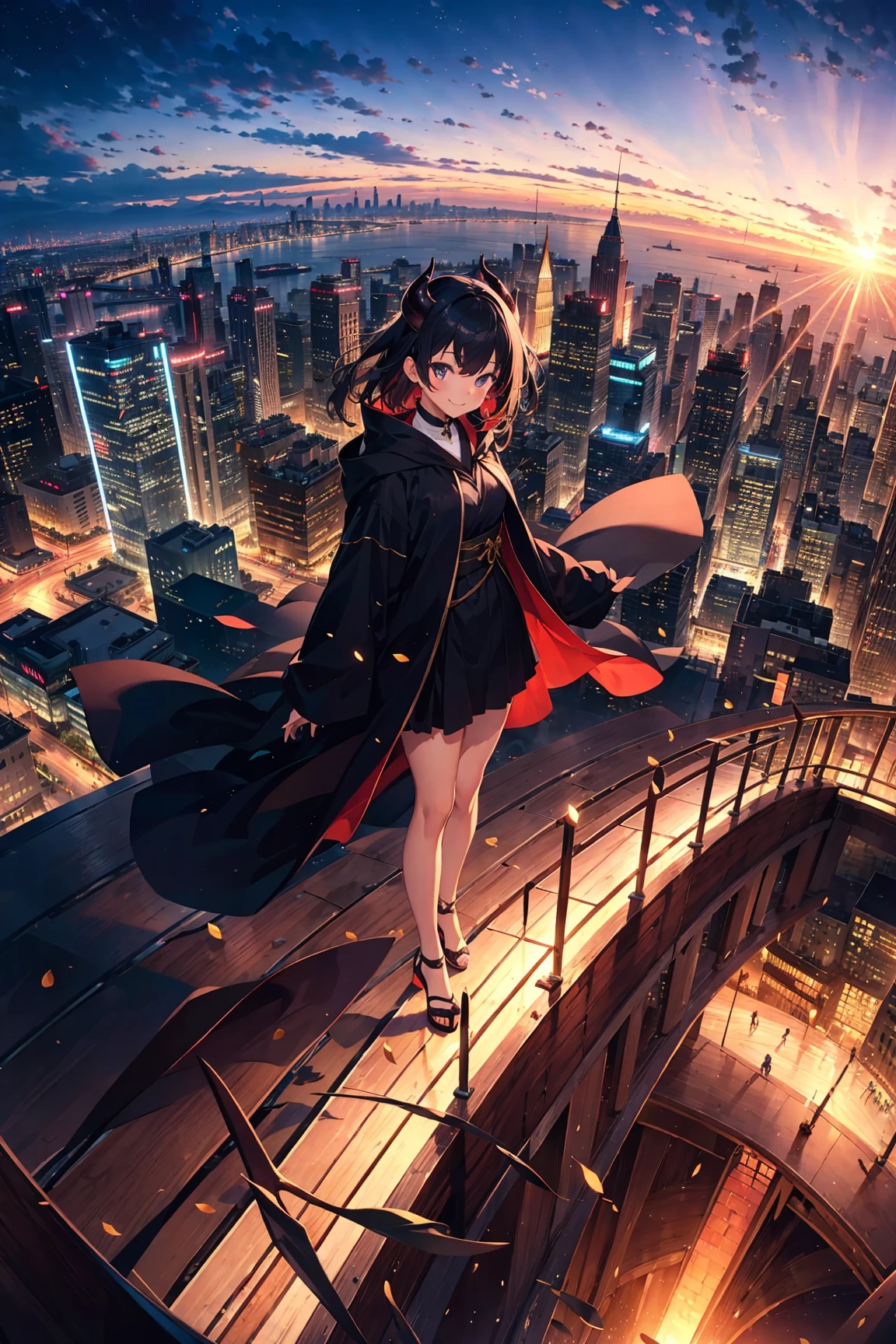 1 girl, solo, goddess, smile, (magnificent panorama view:1.3), demon girl, black robe, (full body:0.6),