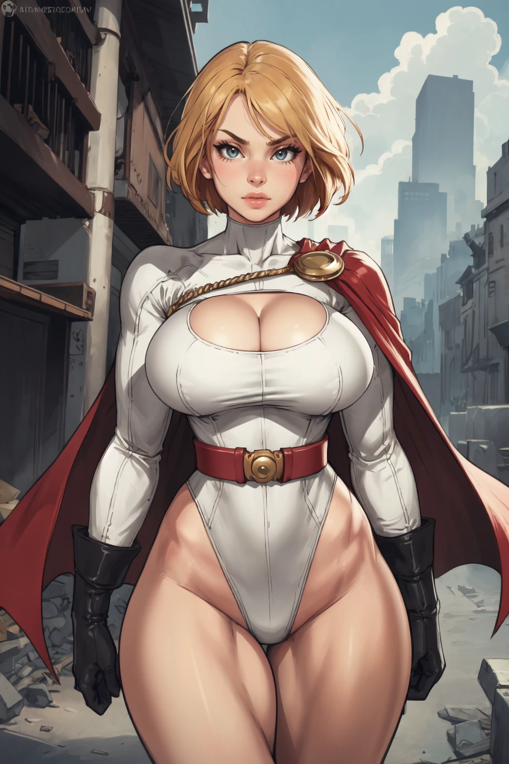 1girl, (solo:1.2)
<lora:DC - Power Girl [novowels - v1.0]:1> pwrgirl, cape, leotard, cleavage cutout, long sleeves, blue gloves, red belt, large breasts, curvy, white leotard
(cowboy shot:1.2)
BREAK <lora:BBC-chan [MockAi - v1.0]:0.85> bbcchan, simple shading, thick lineart
BREAK intricate details, (masterpiece:1.3), (best quality:1.3), (perfect anatomy:1.4)
BREAK, (post fight scenery:1.3), rubble, outside, daylight