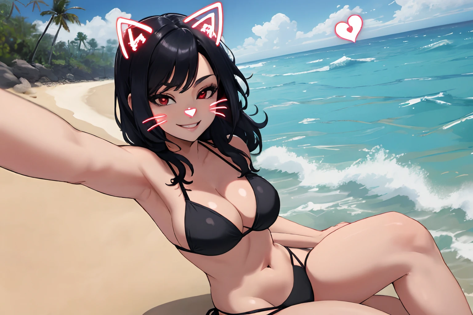 solo, hires,high resolution, catfacefilter,face filter, red face filter,drawn ears, drawn whiskers, drawn hearts, hearts <lora:cat face filter v1:1.0>, mature female, mature woman, beach,sitting on beach, ocean, black string bikini, black hair, red eyes, smile, relaxed, selfie, from side, straight legs