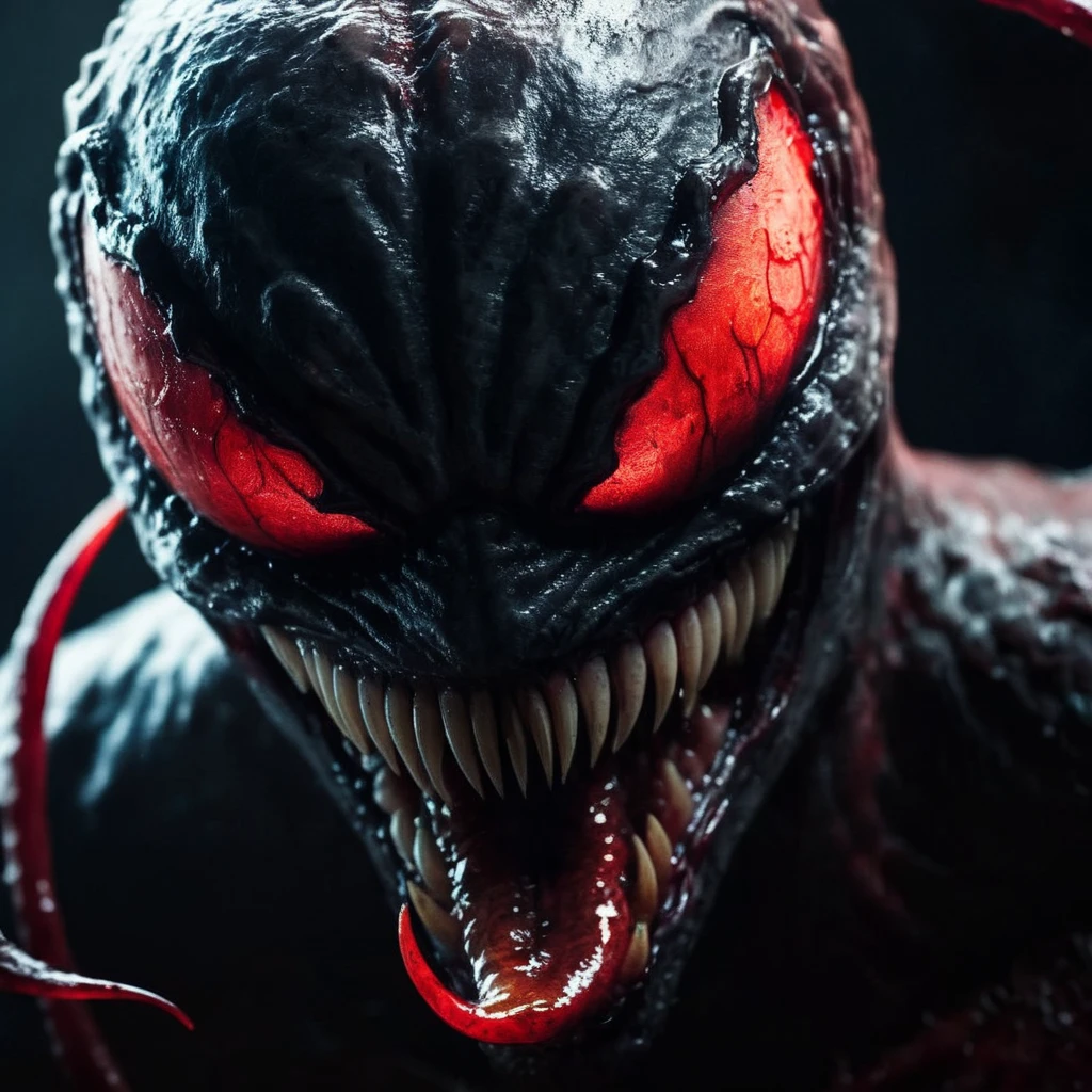cinematic film still of <lora:Symbiote Style v2:1> detailed sharpened
a demonic looking creature with red eyes and a bloody face Symbiote Style staring at camera, shallow depth of field, vignette, highly detailed, high budget, bokeh, cinemascope, moody, epic, gorgeous, film grain, grainy