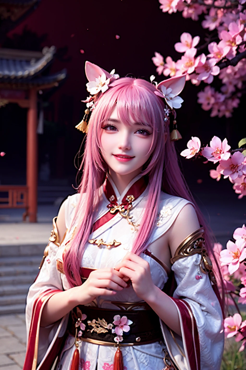 pink hair,<lora:girl_6:0.7>,super high resolution,best quality,4k,1girl,solo,pointy_ears,smile,chinese clothes,long hair,bangs,hair flower,look at the audience,hair_ornament,cherry_blossoms,flower,