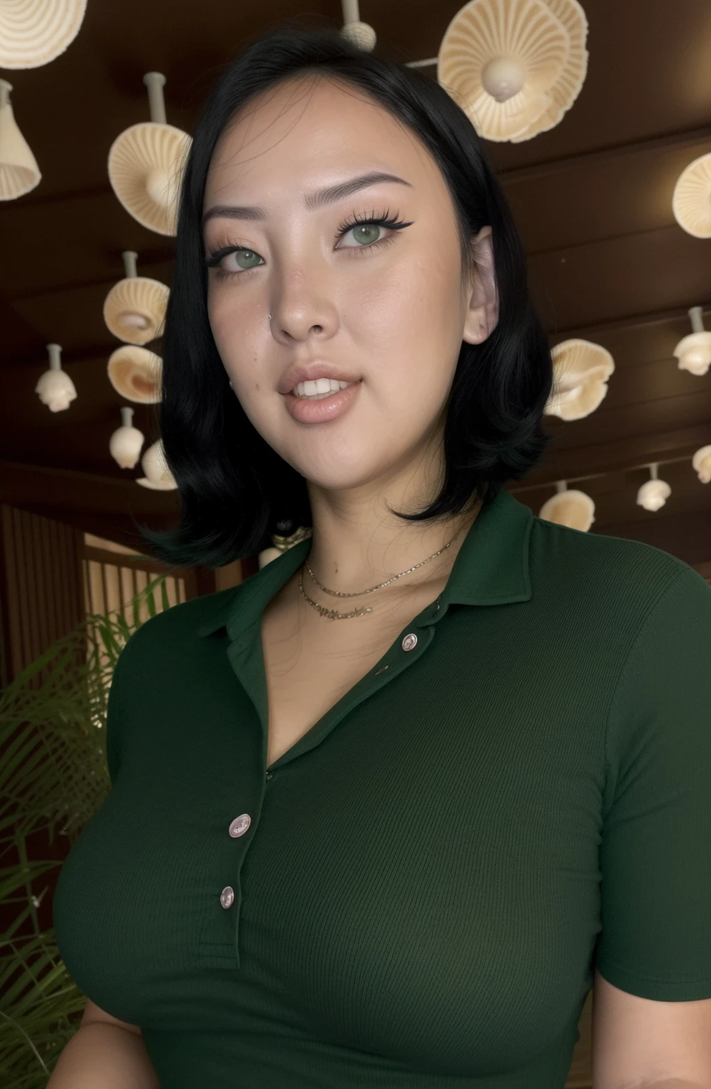@yawoesenpai,WoeSenpai \(Person\),Alexandra Cohen \(Person\),1girl, ((portrait shot)),green eyes, smile, closed mouth,looking at viewer, black hair, nose, very small breasts, makeup, oxford shirt background: indoors, mushroom forest, upper body, <lora:WoeSenpai | Alexandra Cohen:1>